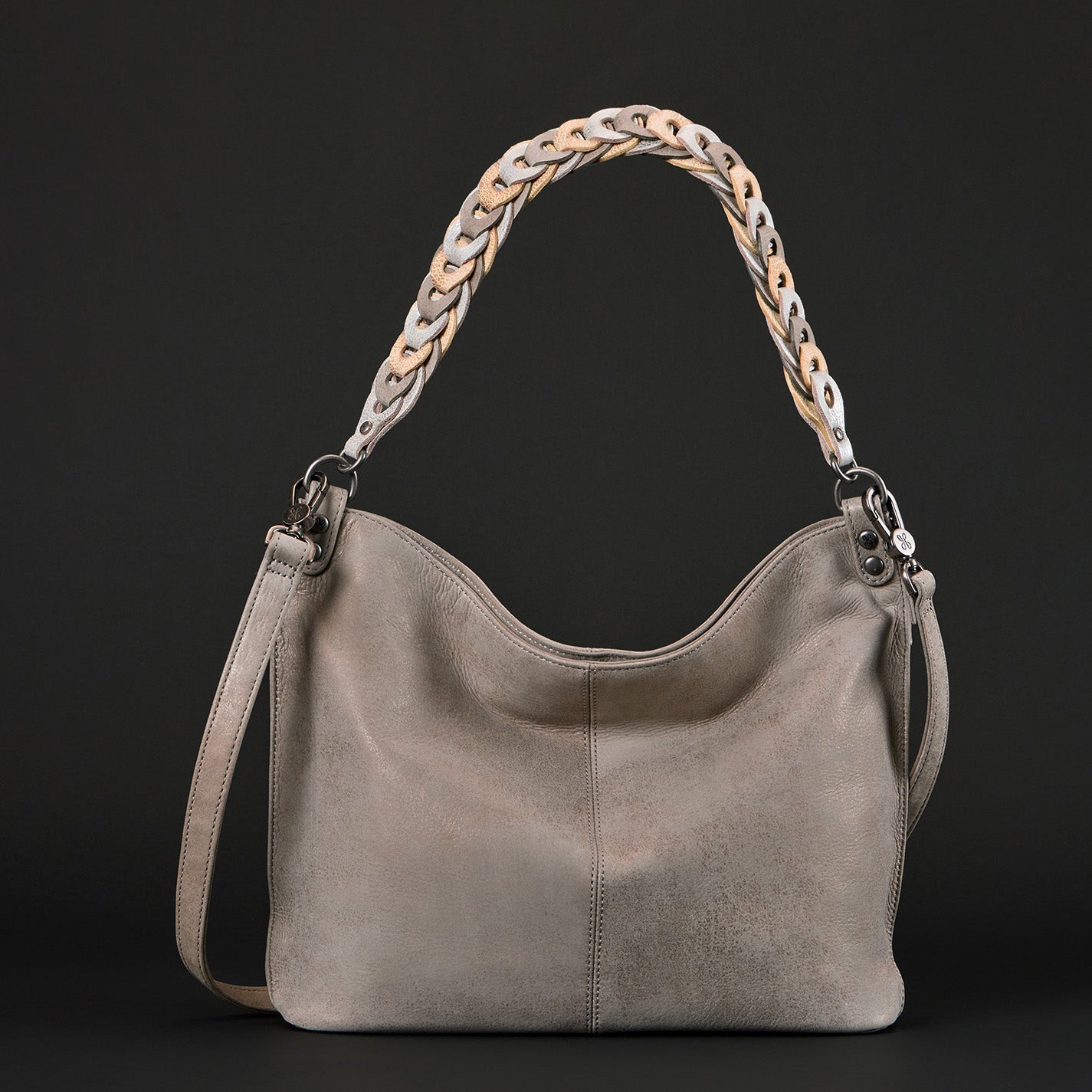 Pier Shoulder Bag in Metallic Leather Granite Grey HOBO