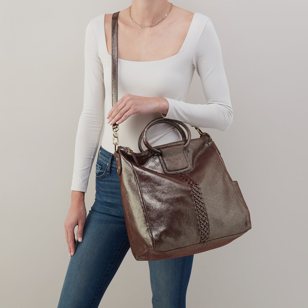 Sheila Large Satchel In Metallic Leather - Coffee Galaxy