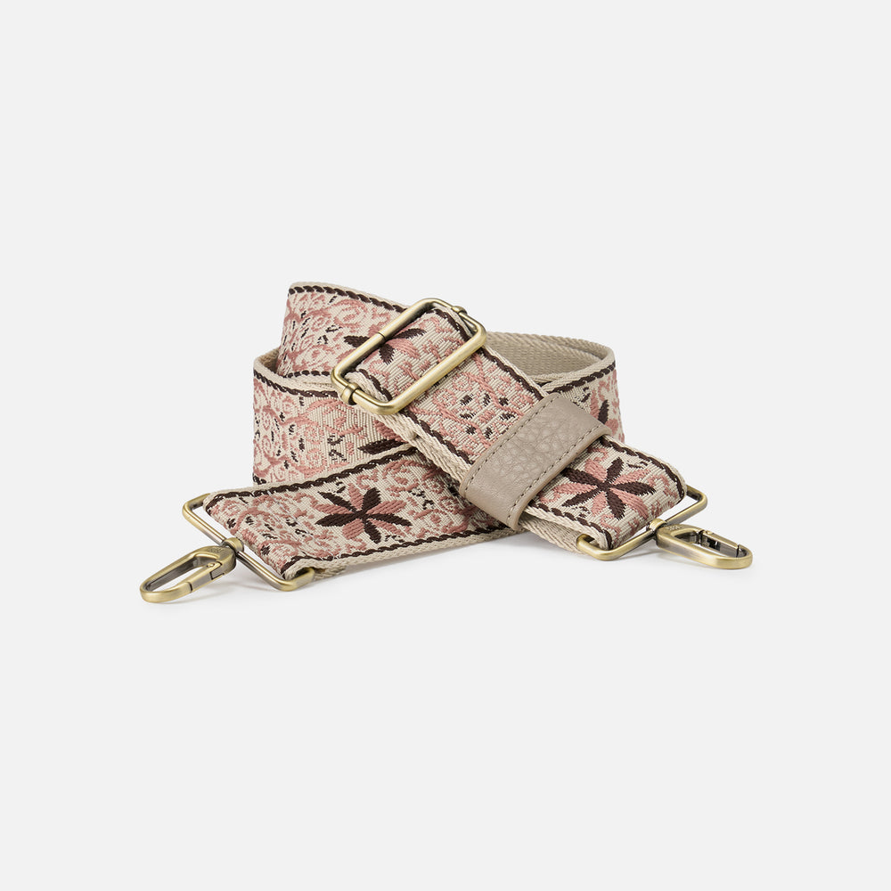 Floral Webbing Guitar Strap in Webbing Fabric With Pebbled Leather Trim - Taupe