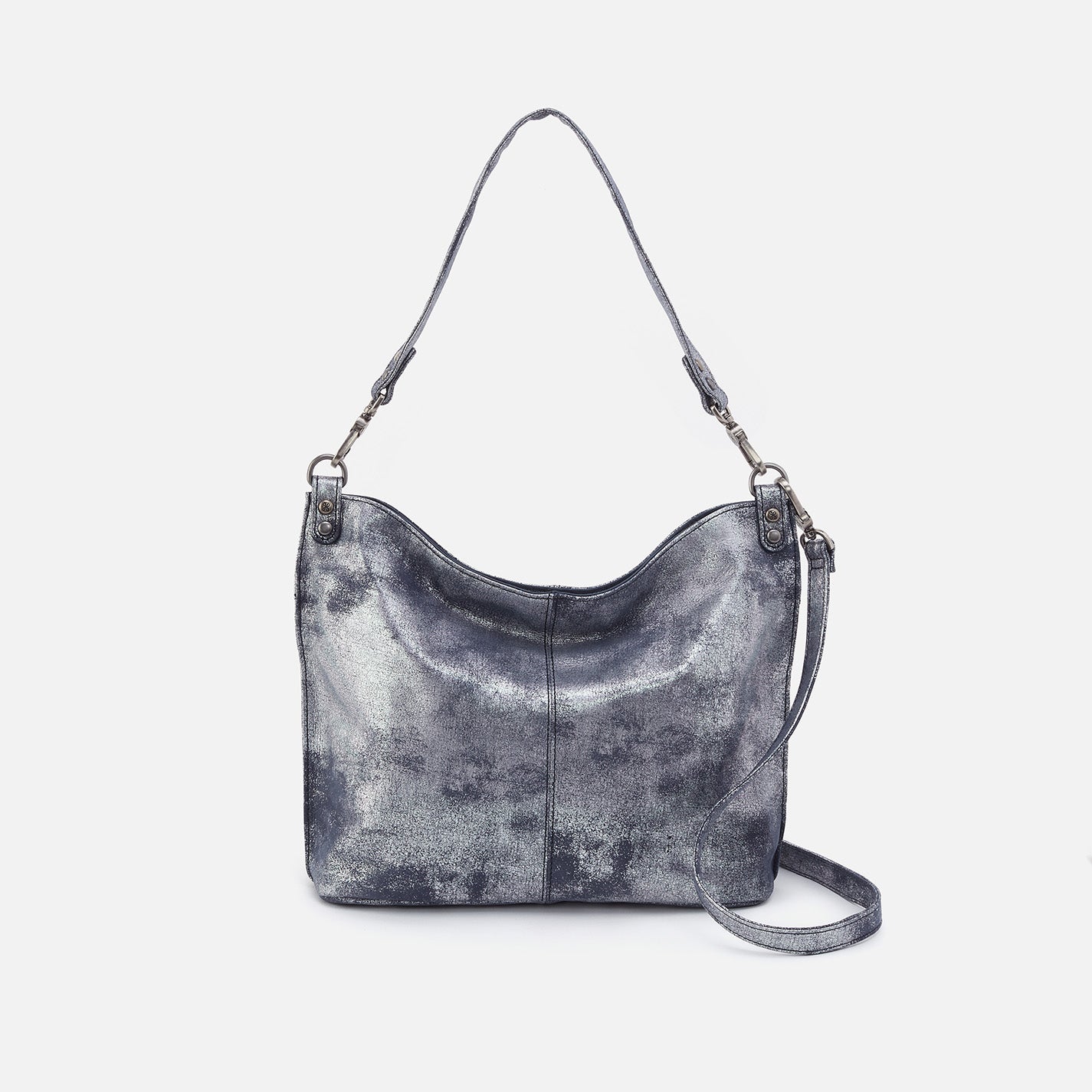 Pier Shoulder Bag In Metallic Leather Blue Pewter HOBO