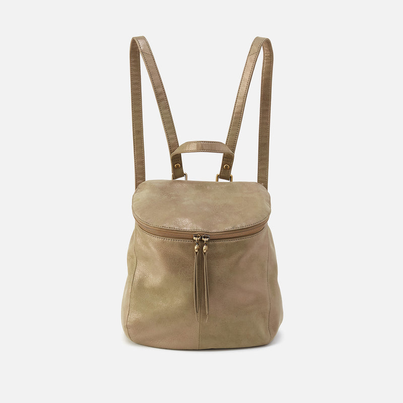 River Backpack In Metallic Leather - Burnished Sage