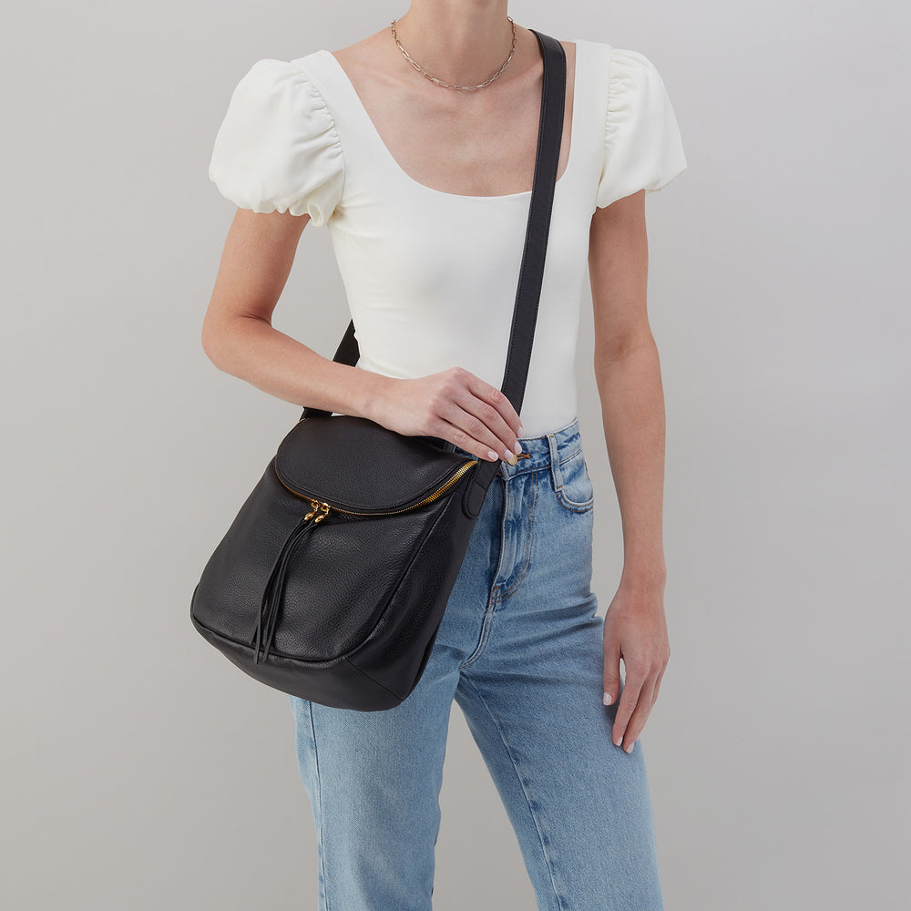 Fern North South Crossbody in Pebbled Leather Black HOBO
