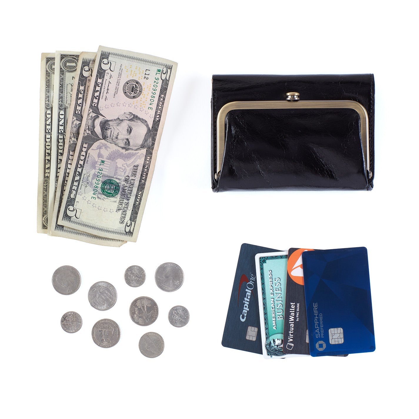 Robin Compact Wallet In Polished Leather Black HOBO