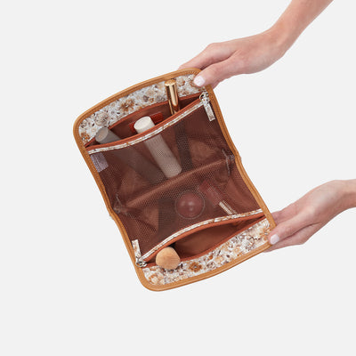 Beauty Cosmetic Pouch In Printed Leather - Sepia Bloom