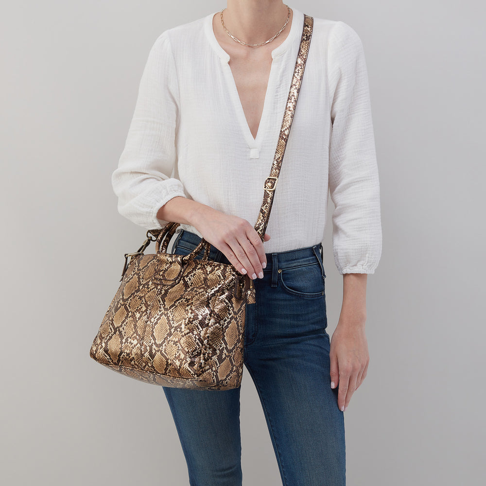 Sheila Medium Satchel in Printed Leather - Golden Snake