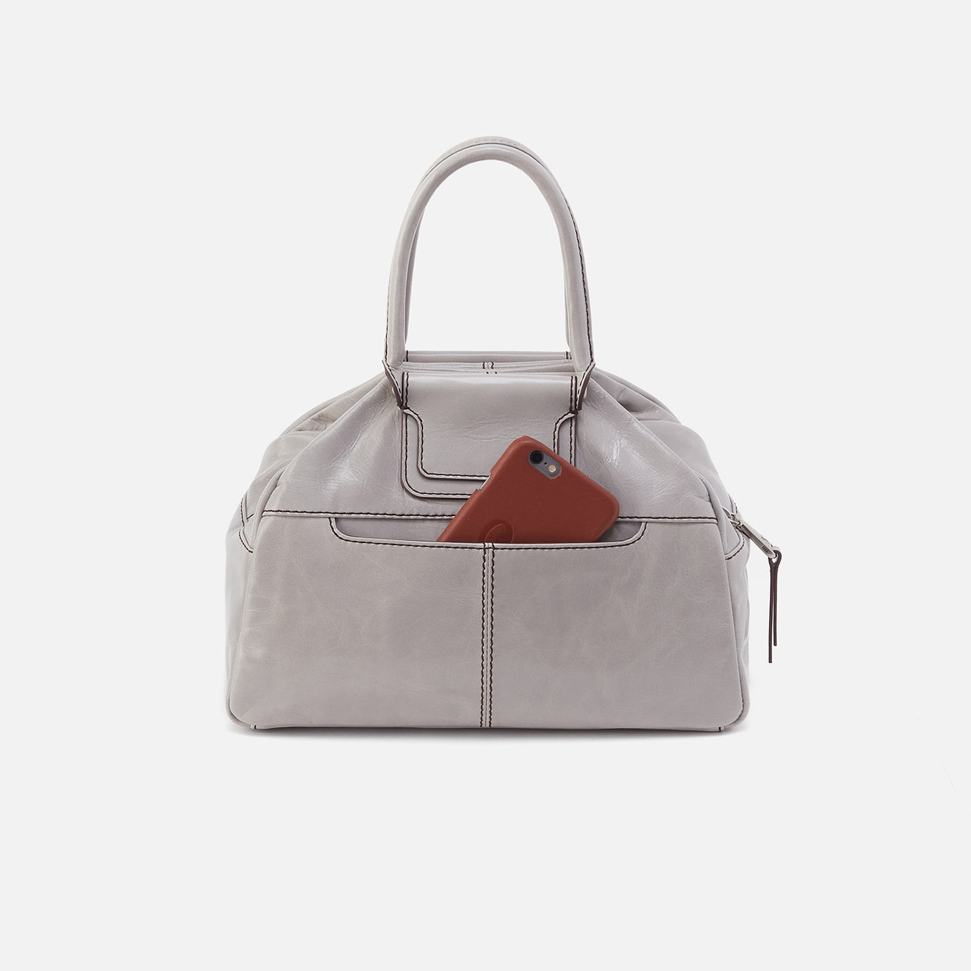 Sheila Drop Handle Satchel In Polished Leather - Light Grey